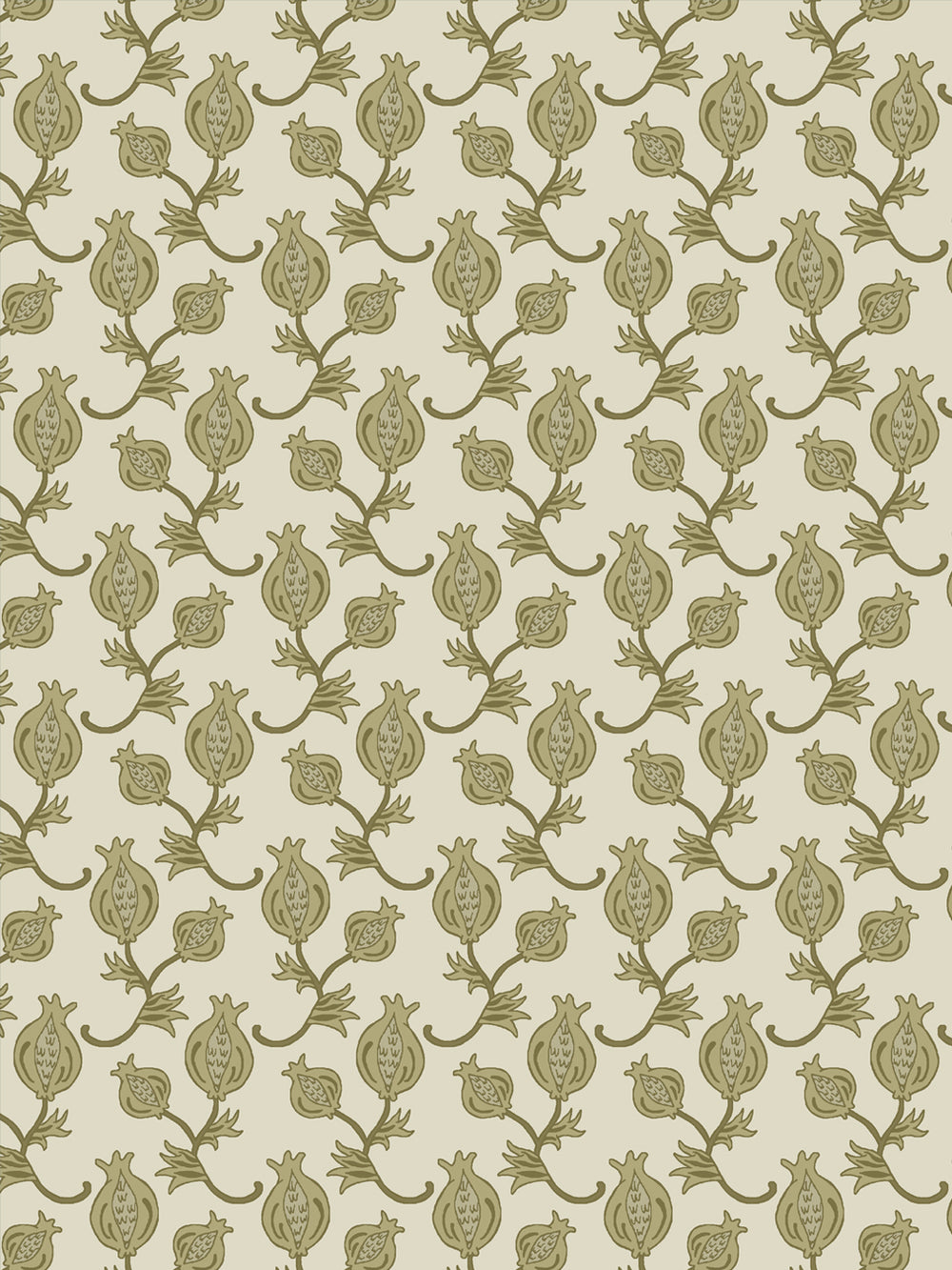 Close crop of olive khaki pomegranate motifs on warm cream oatmeal