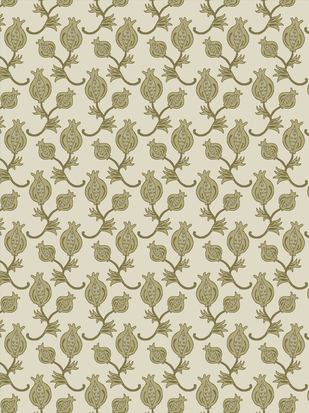 Close crop of olive khaki pomegranate motifs on warm cream oatmeal