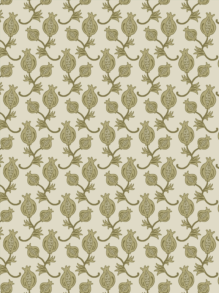 Close crop of olive khaki pomegranate motifs on warm cream oatmeal