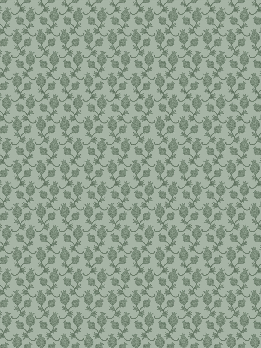 Soft sage wallpaper with tonal deeper green pomegranate motifs in a dense ditsy grid