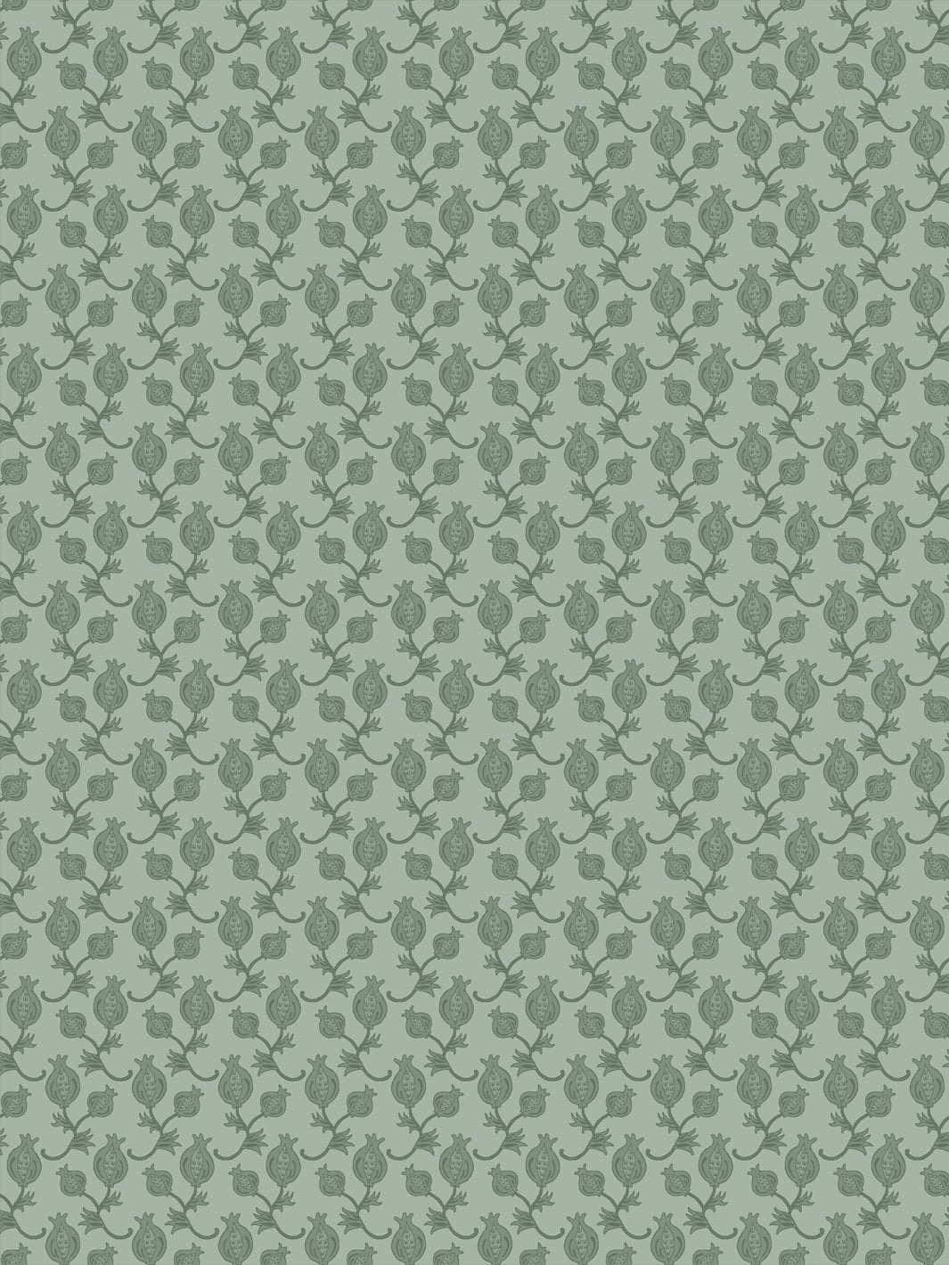 Soft sage wallpaper with tonal deeper green pomegranate motifs in a dense ditsy grid