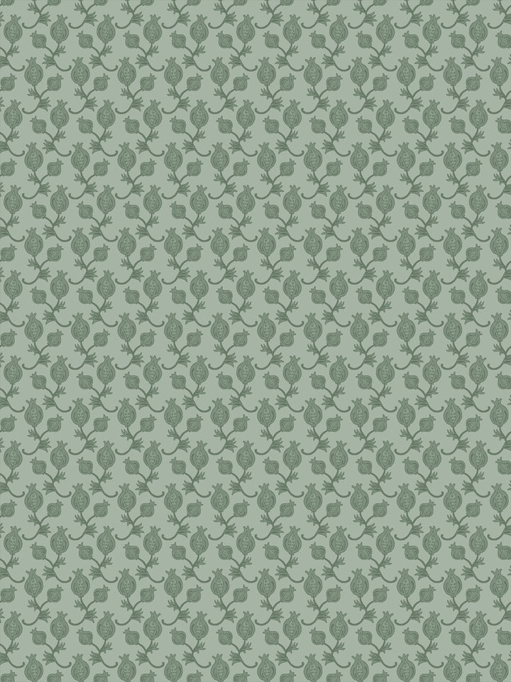 Soft sage wallpaper with tonal deeper green pomegranate motifs in a dense ditsy grid