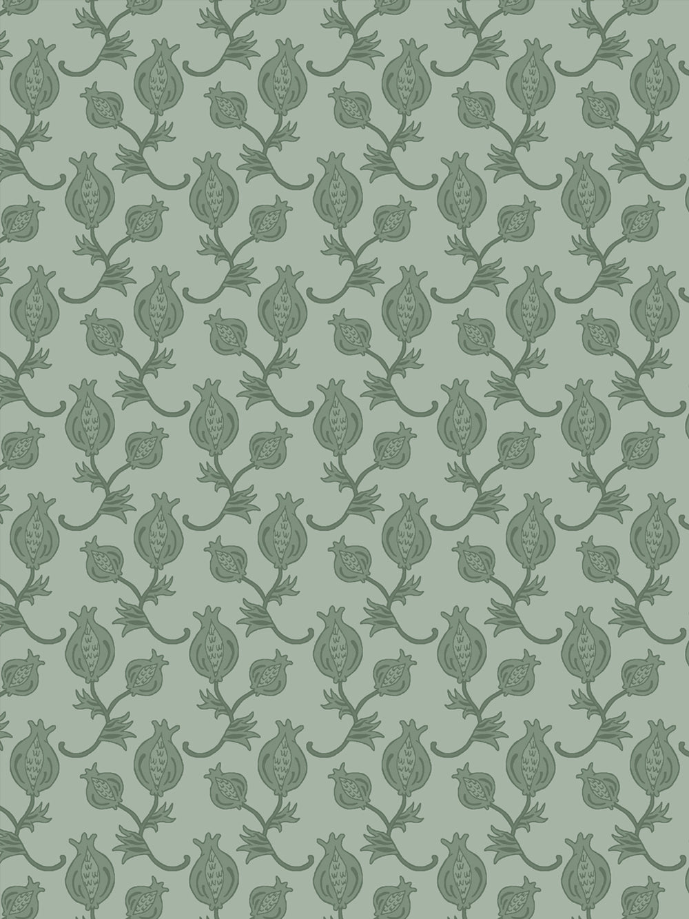 Close crop of deeper grey-green pomegranate motifs on soft grey-sage green