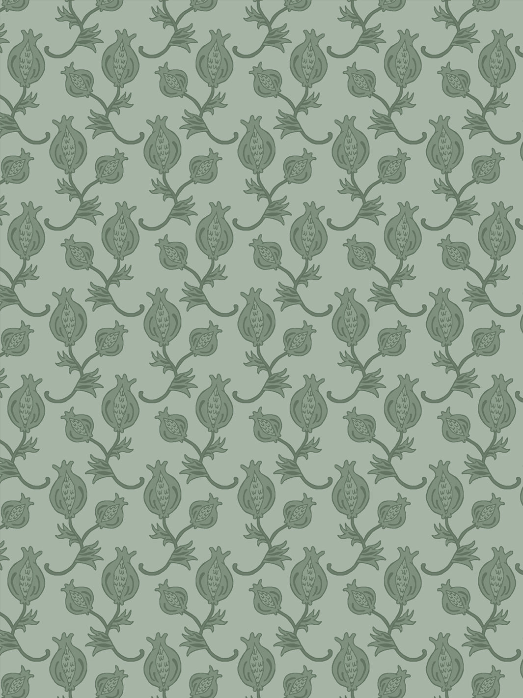 Close crop of deeper grey-green pomegranate motifs on soft grey-sage green