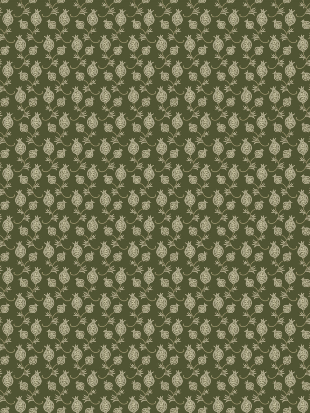 Dark olive wallpaper with small pale khaki pomegranate motifs in a dense ditsy grid