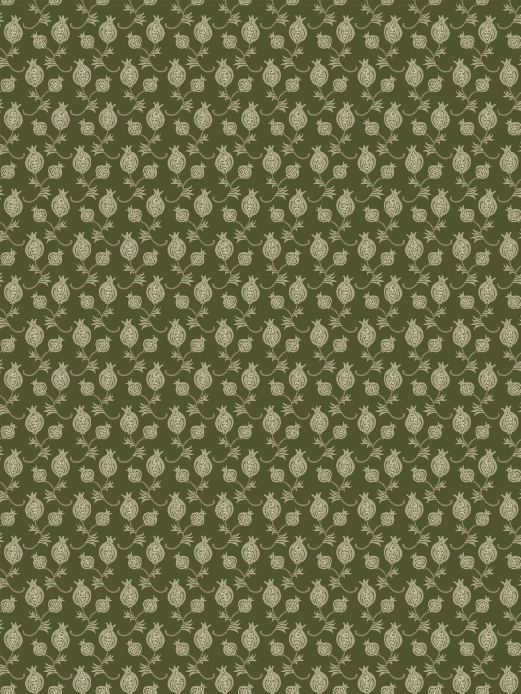 Dark olive wallpaper with small pale khaki pomegranate motifs in a dense ditsy grid