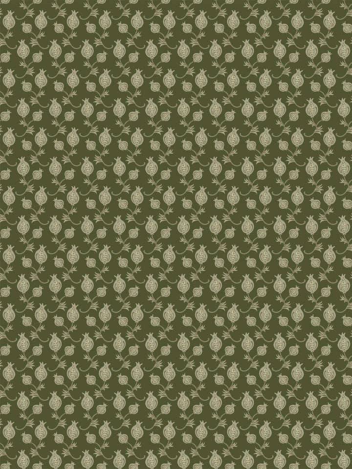 Dark olive wallpaper with small pale khaki pomegranate motifs in a dense ditsy grid