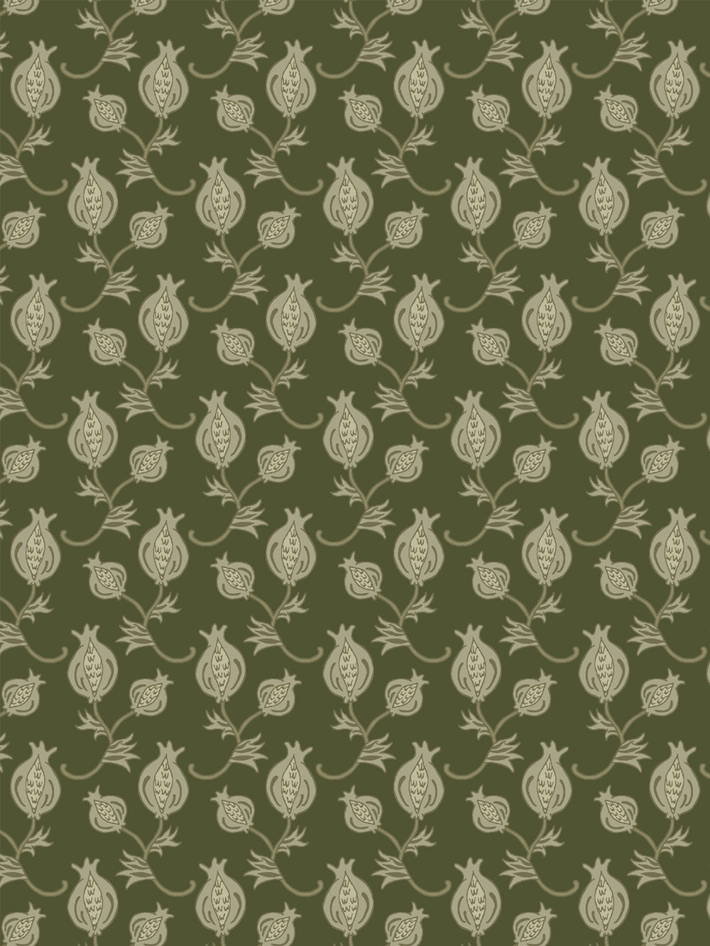 Close crop of pale khaki-cream pomegranate motifs on dark olive green