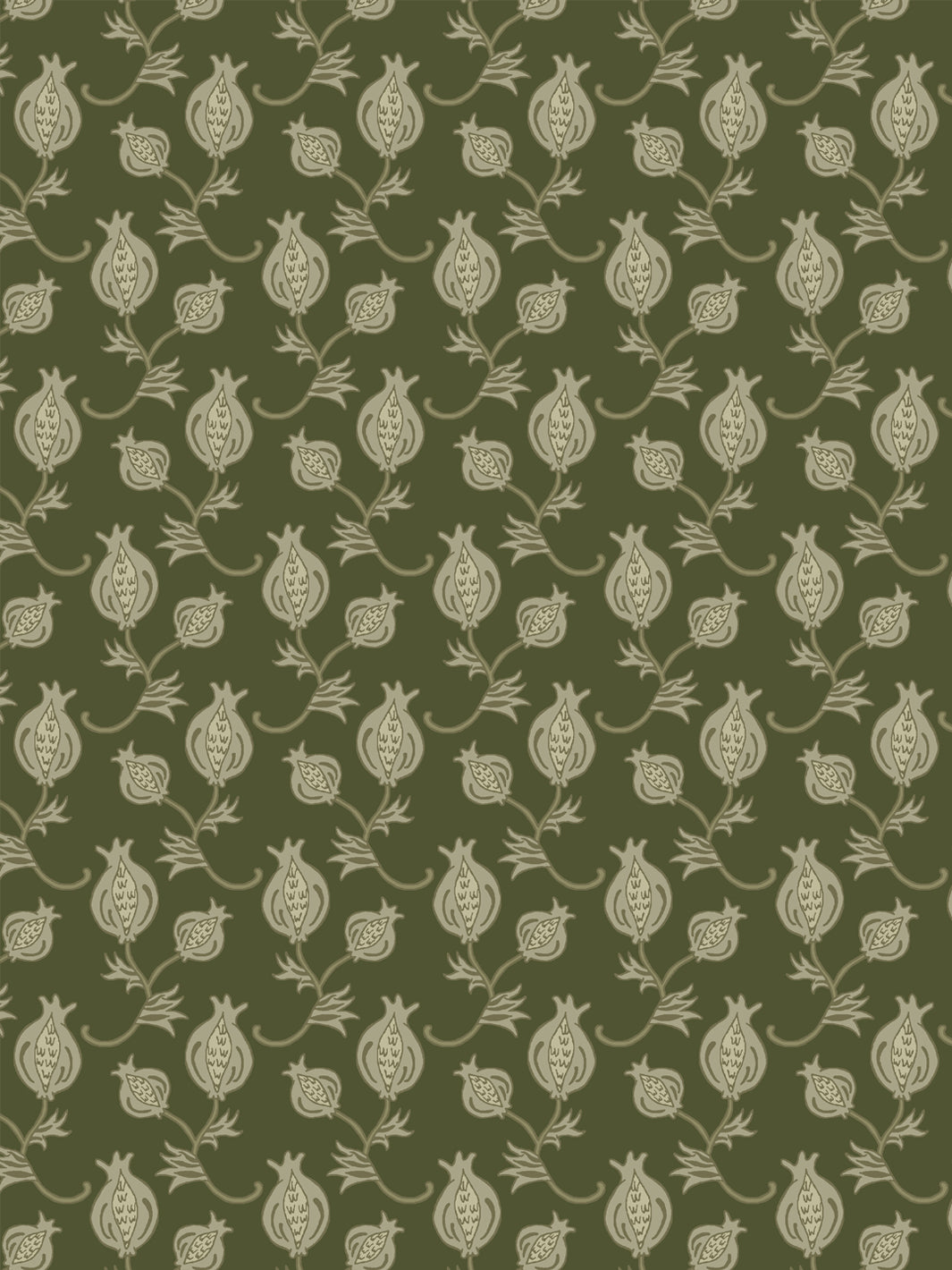 Close crop of pale khaki-cream pomegranate motifs on dark olive green