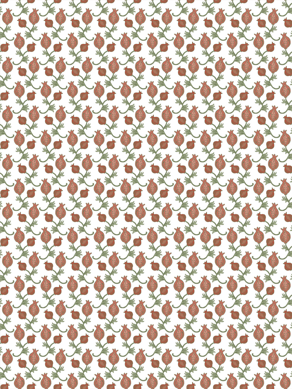White wallpaper with small terracotta pomegranates and sage green leaves in a tight grid