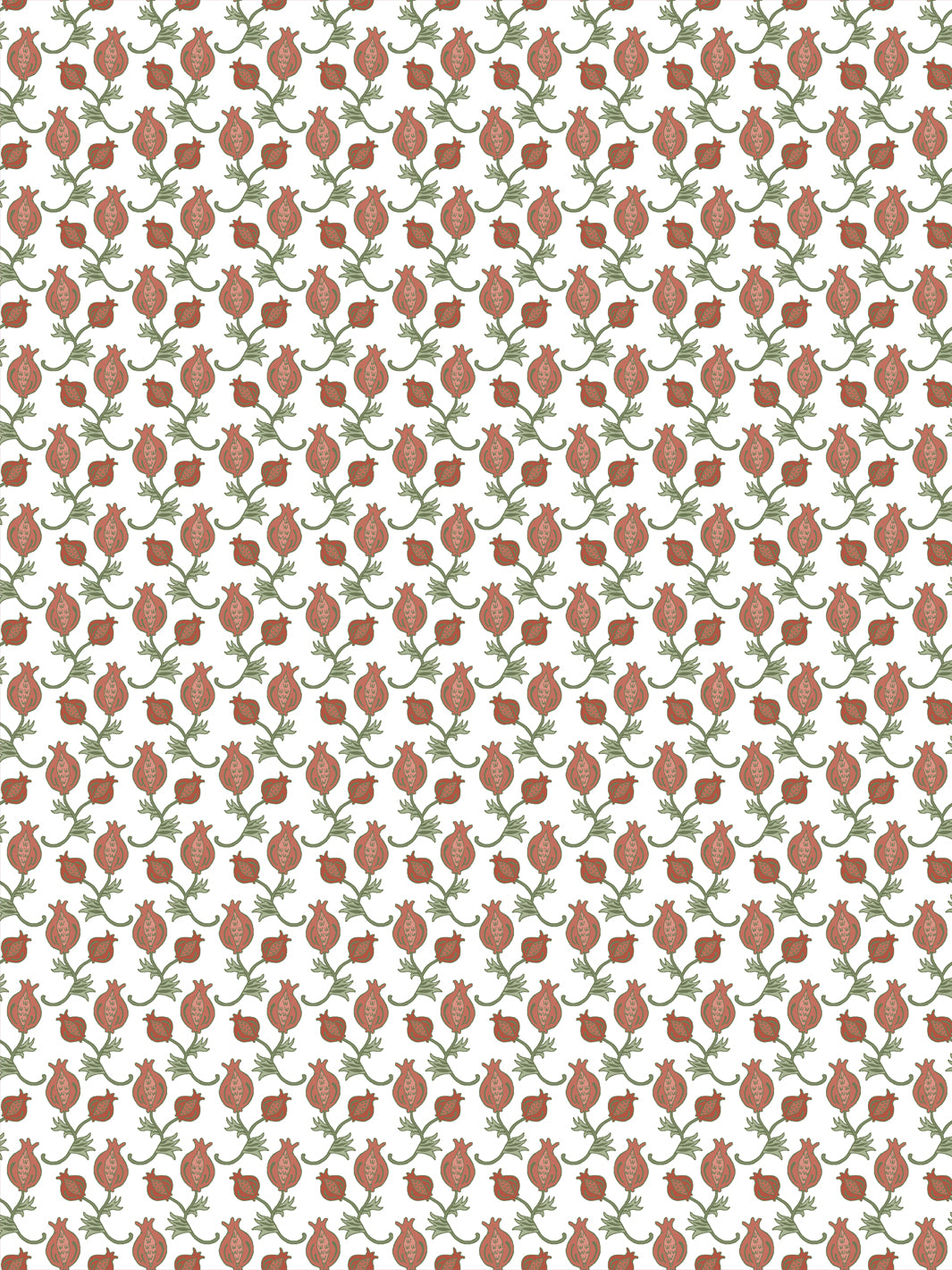 White wallpaper with small terracotta pomegranates and sage green leaves in a tight grid