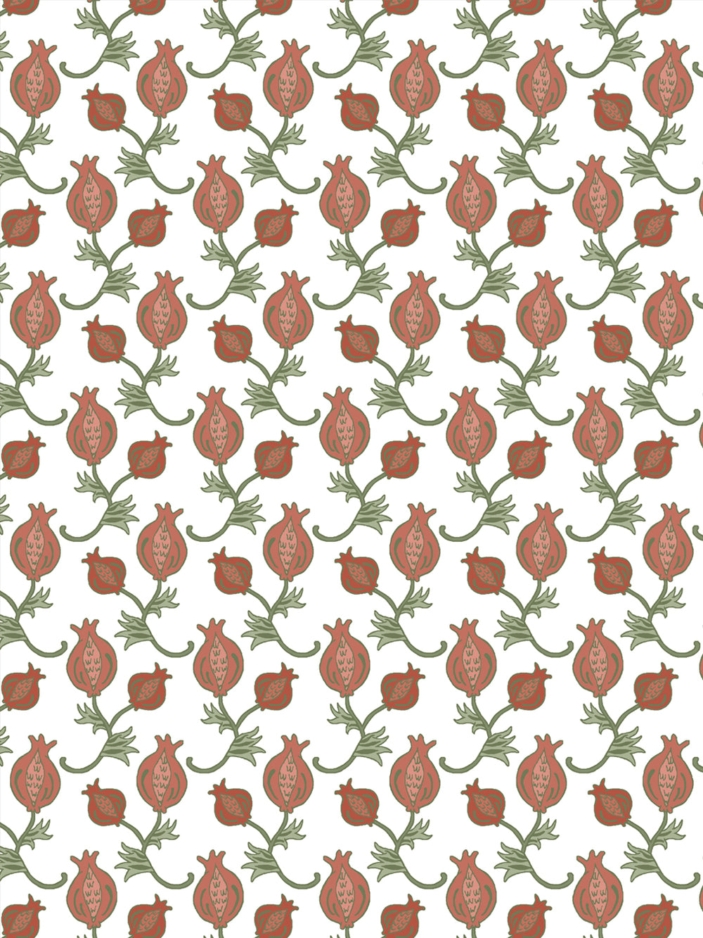 Close crop of muted terracotta brick red pomegranate motifs on clean white