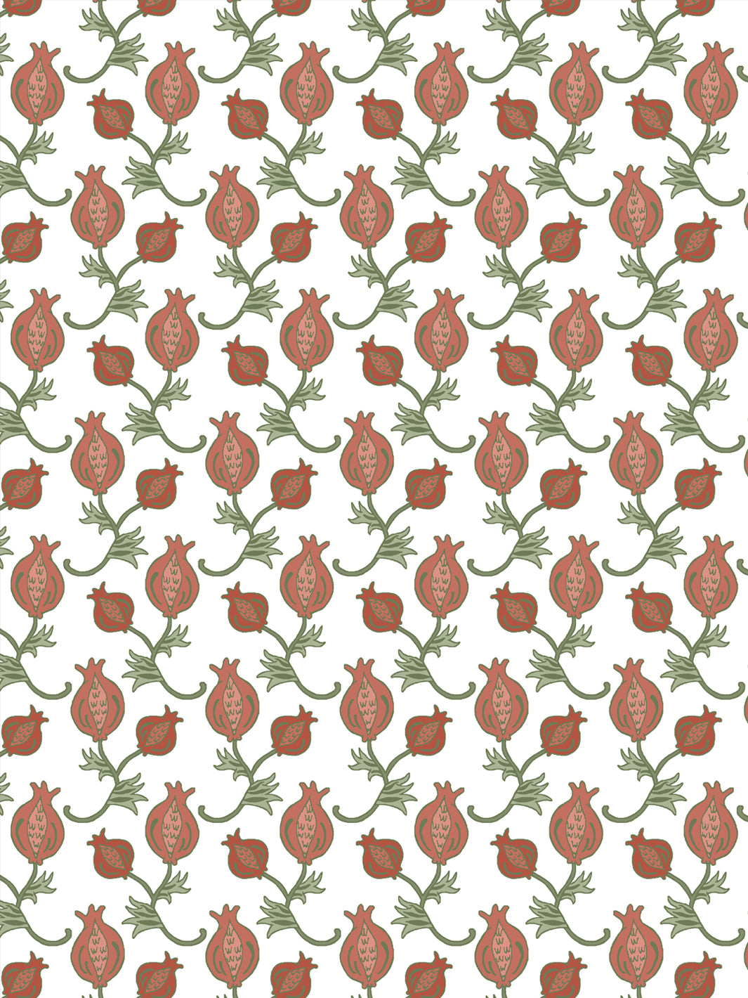 Close crop of muted terracotta brick red pomegranate motifs on clean white