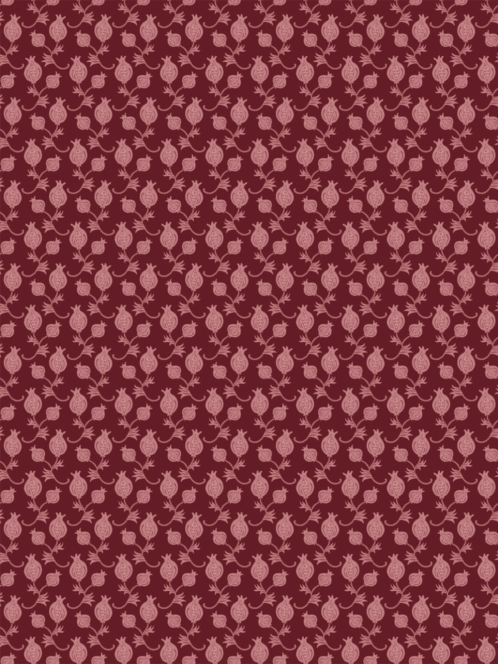 Deep wine wallpaper with small dusty rose pomegranate motifs in a dense ditsy grid