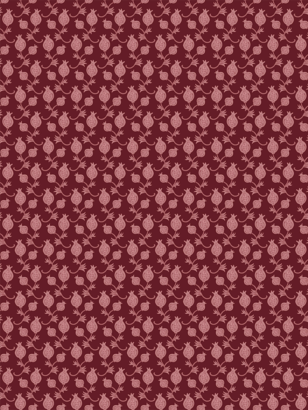 Deep wine wallpaper with small dusty rose pomegranate motifs in a dense ditsy grid