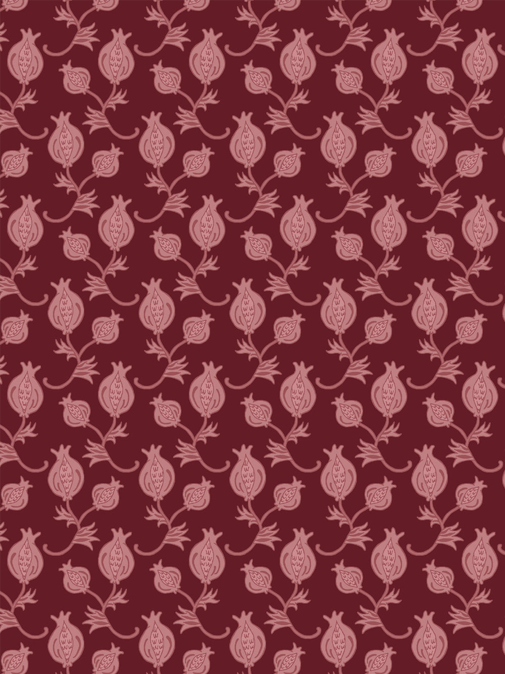 Close crop of dusty rose pink pomegranate motifs on deep wine burgundy