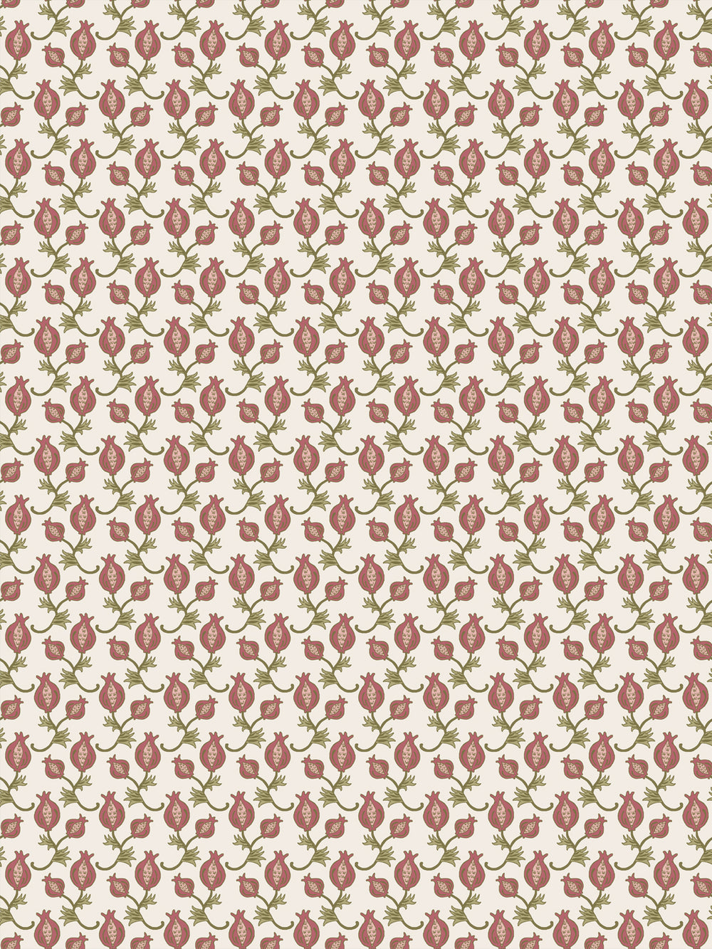 Cream wallpaper with small dusty rose pomegranates and olive leaf sprigs in a tight grid