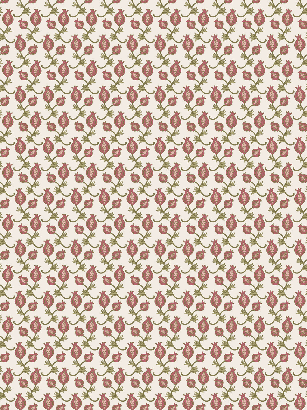 Cream wallpaper with small dusty rose pomegranates and olive leaf sprigs in a tight grid