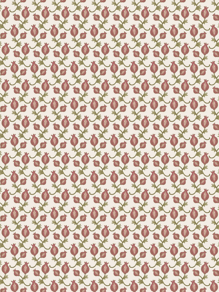Cream wallpaper with small dusty rose pomegranates and olive leaf sprigs in a tight grid
