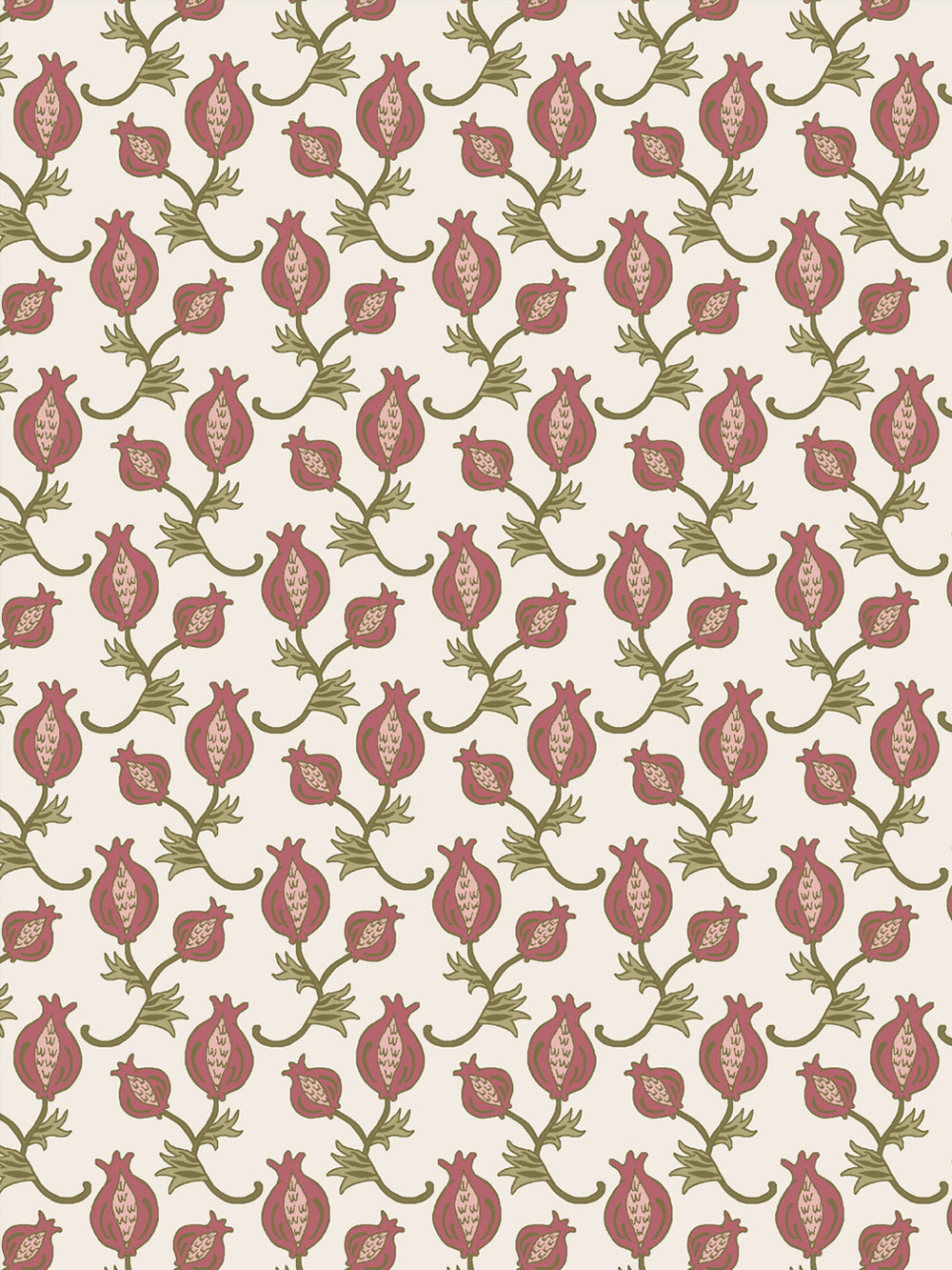 Close crop of dusty rose-red pomegranate motifs on warm cream