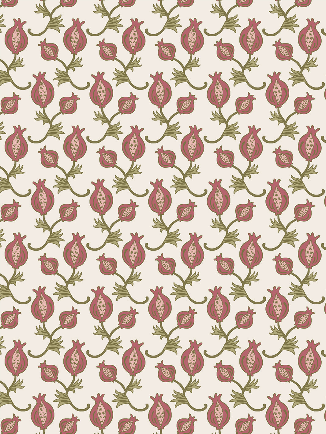 Close crop of dusty rose-red pomegranate motifs on warm cream