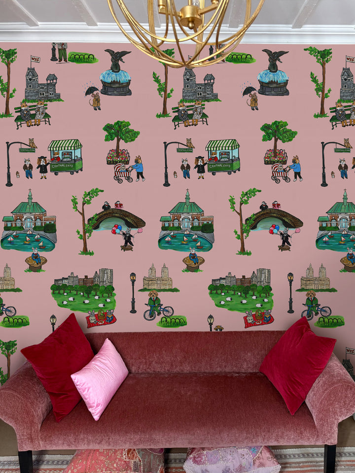 'Central Park' Wallpaper by Carly Beck City Blue - Pink