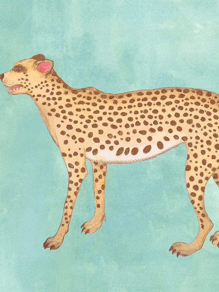 Cheetah print wallpaper featuring a tan cheetah with dark spots on aqua blue