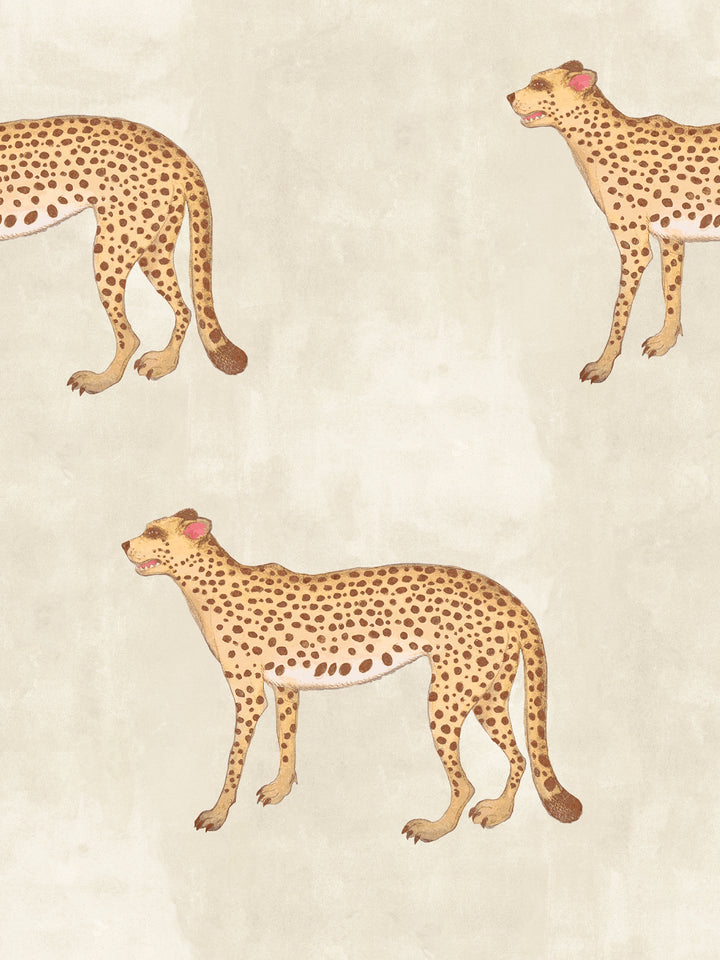 Cheetah wallpaper with spotted tan felines on parchment beige background