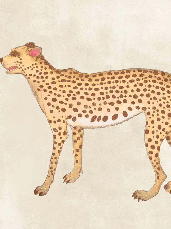 Cheetah wallpaper close-up with spotted tan cat on parchment beige