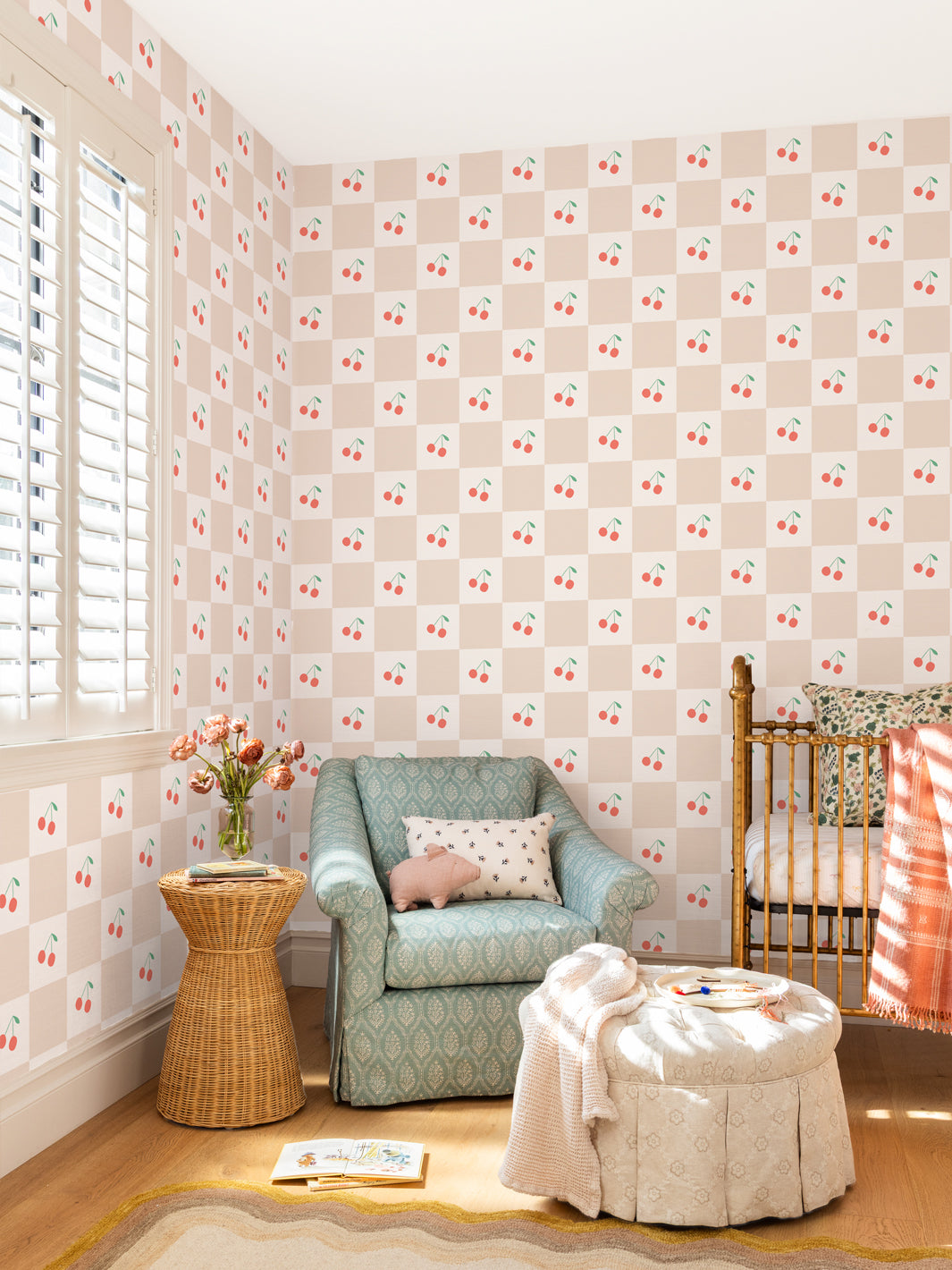 'Cherry Check' Wallpaper by Meri Meri - Beige