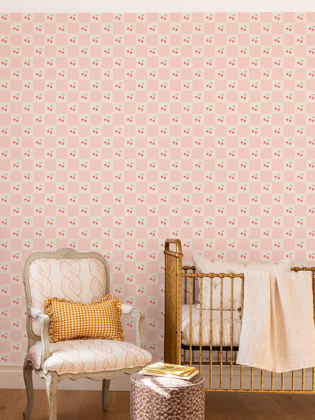 'Cherry Check' Wallpaper by Meri Meri - Cream Pink