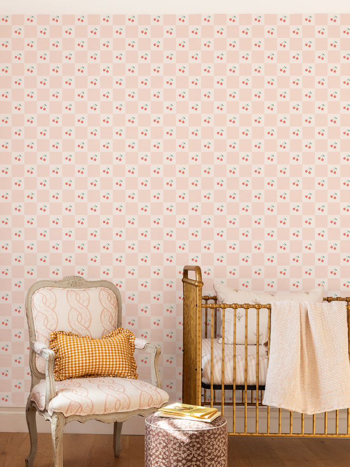 'Cherry Check' Wallpaper by Meri Meri - Pale Pink