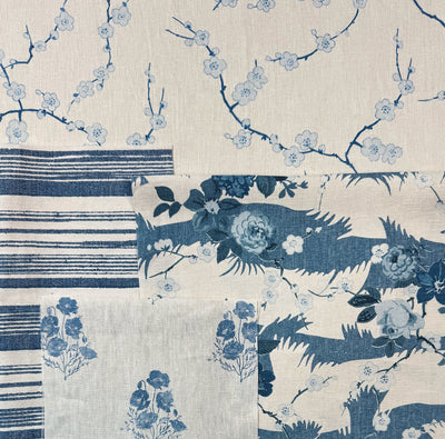 'Cherry Blossom' Linen Fabric by Nathan Turner - Blue