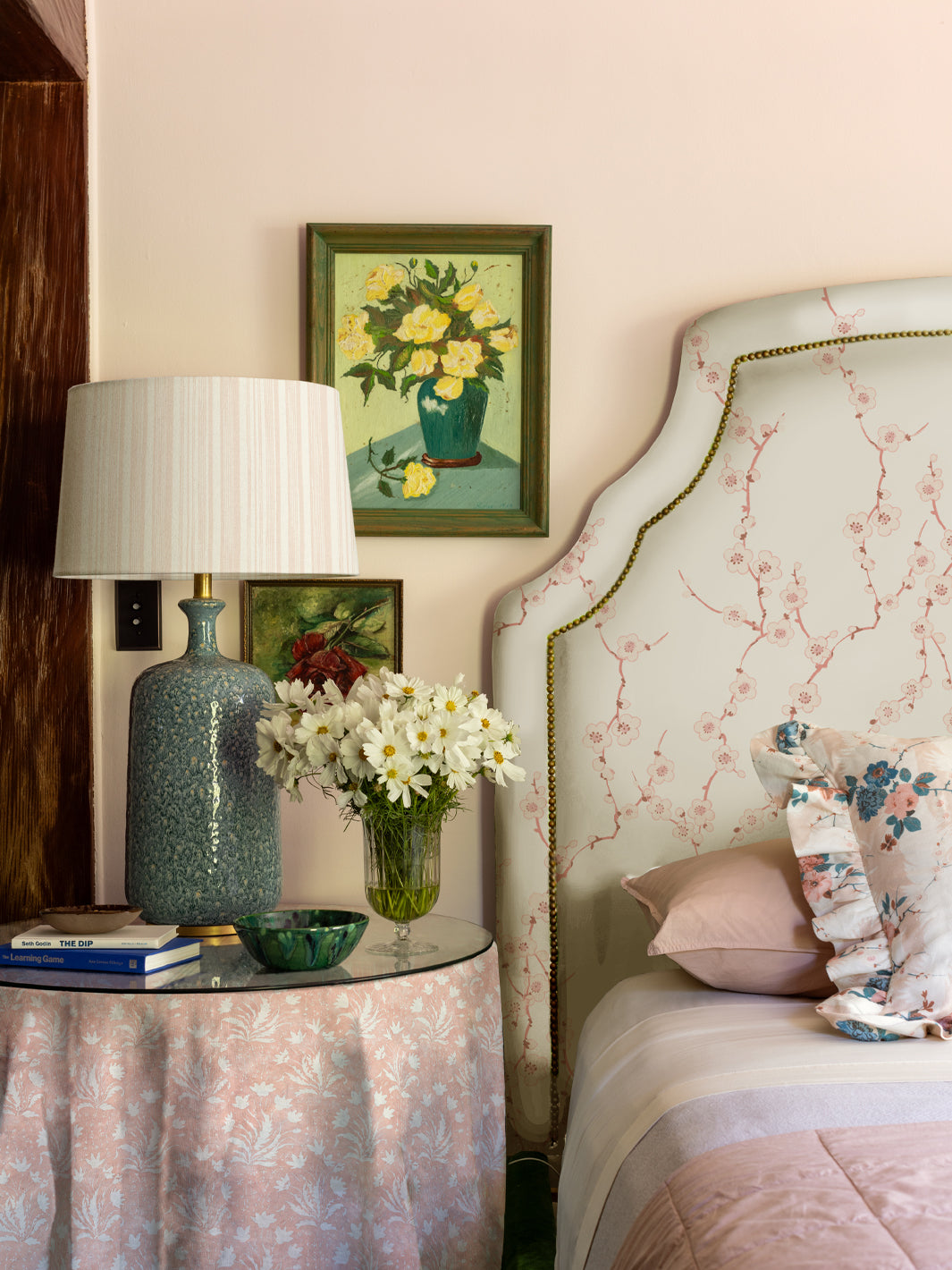 cherry blossom linen fabric by nathan turner pink