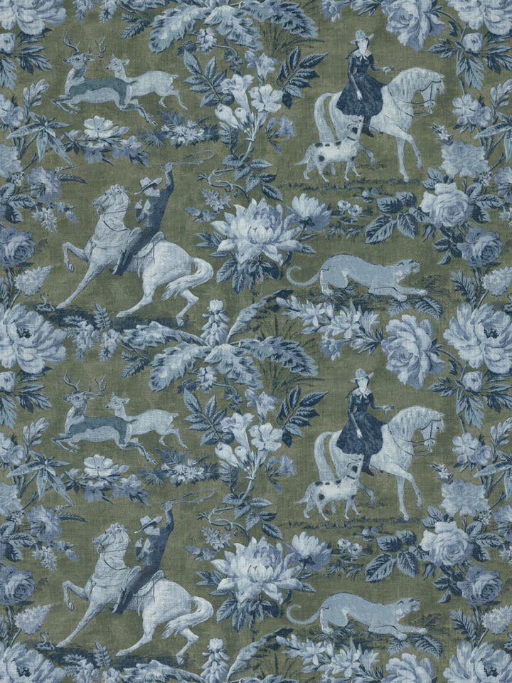 Cowboy Toile' Linen Fabric by Nathan Turner - Army Green