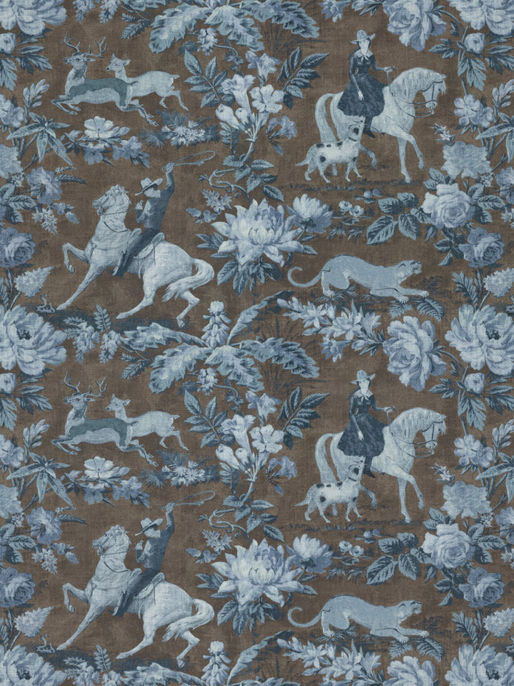 Cowboy Toile' Linen Fabric by Nathan Turner - Blue Brown