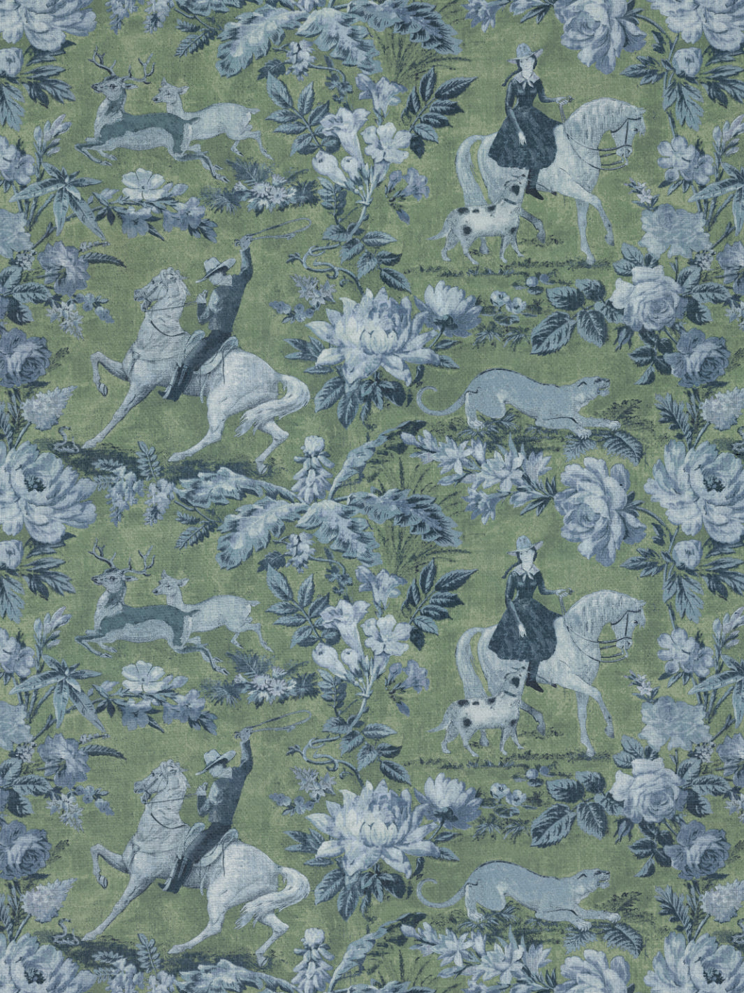 'Cowboy Toile' Linen Fabric by Nathan Turner - Green Blue