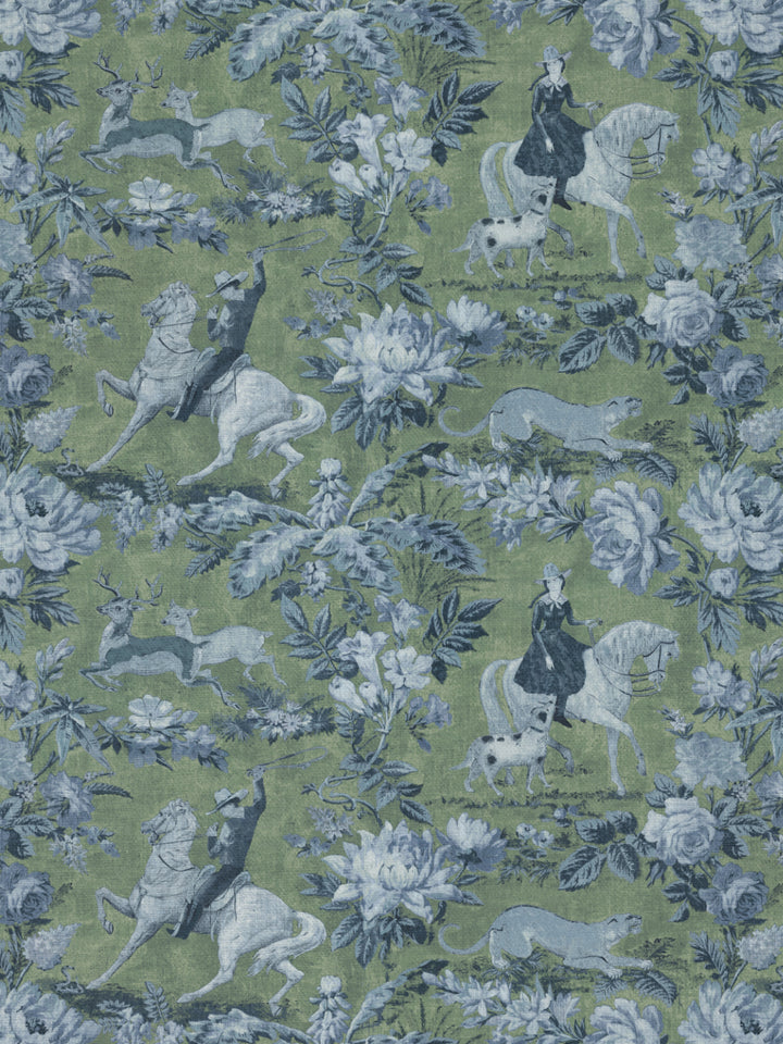 'Cowboy Toile' Linen Fabric by Nathan Turner - Green Blue
