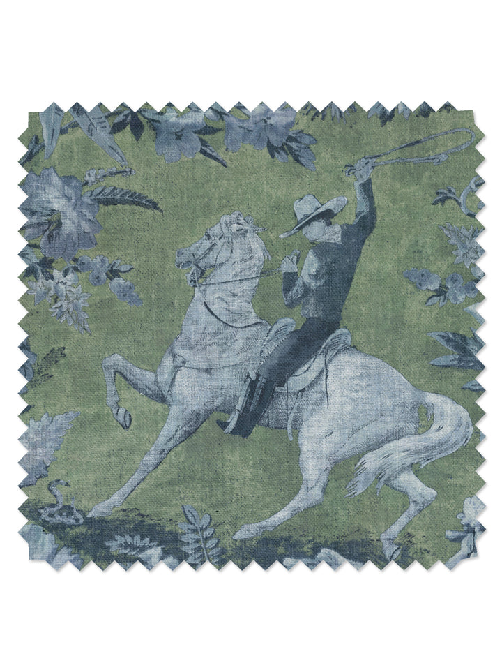'Cowboy Toile' Linen Fabric by Nathan Turner - Green Blue