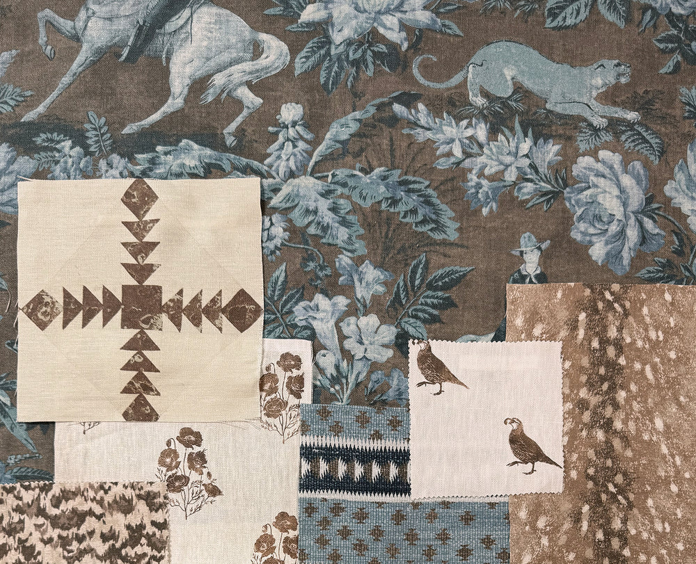 cowboy toile linen fabric by nathan turner blue brown