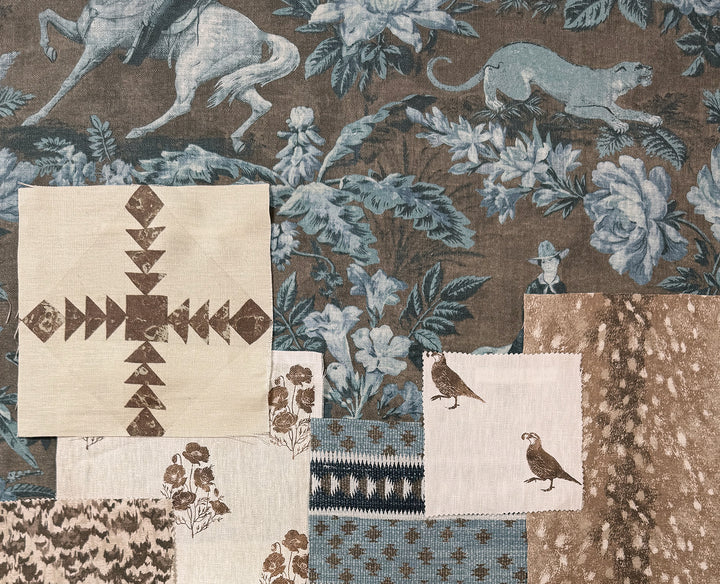 cowboy toile linen fabric by nathan turner blue brown