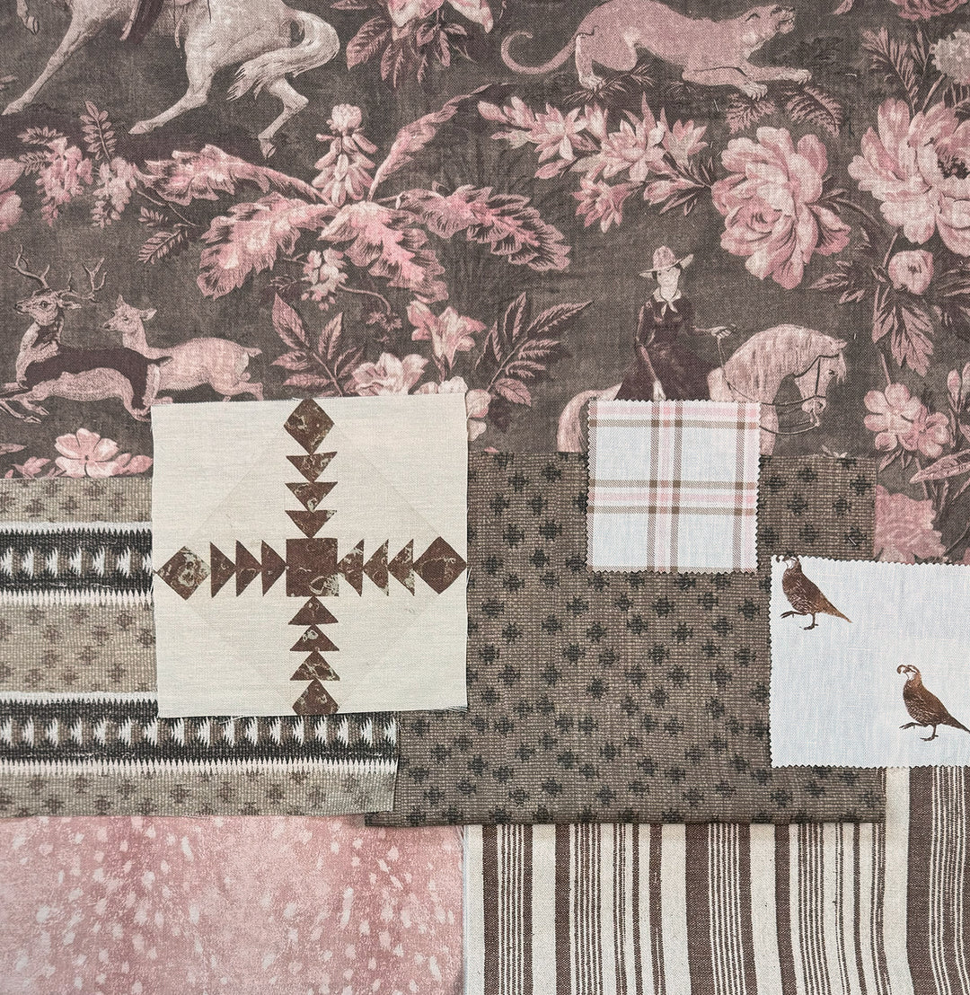 cowboy toile linen fabric by nathan turner pink brown