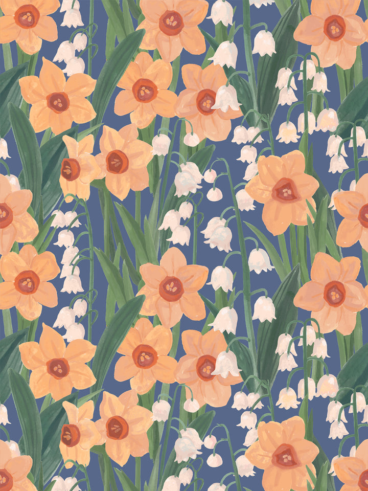 'Daffodil Field' Wallpaper in Blue - Design Pattern