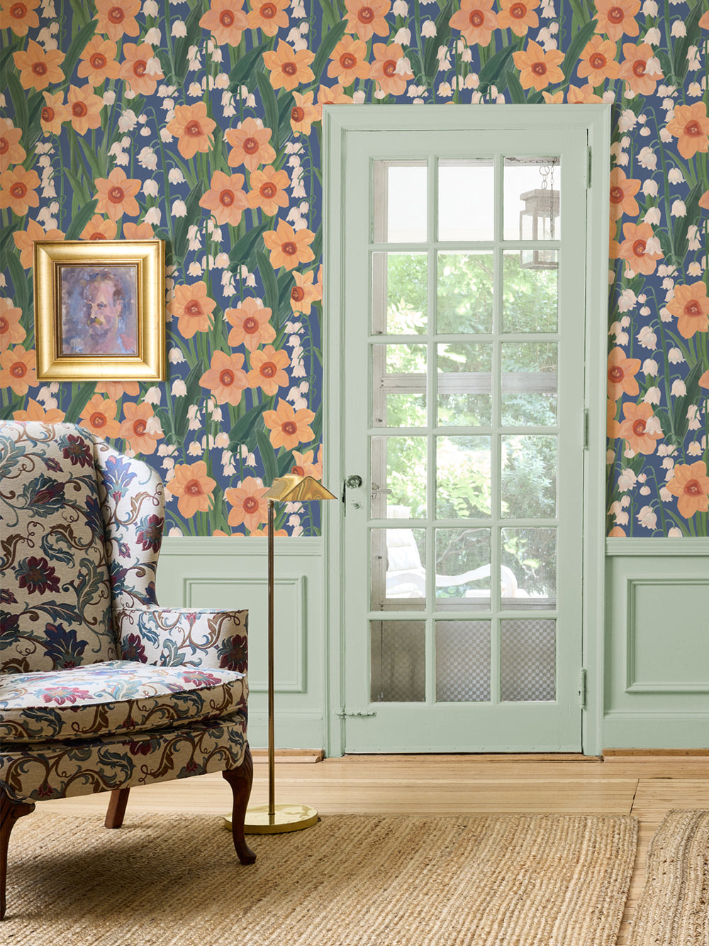 'Daffodil Field' Wallpaper in Blue - Room Scene
