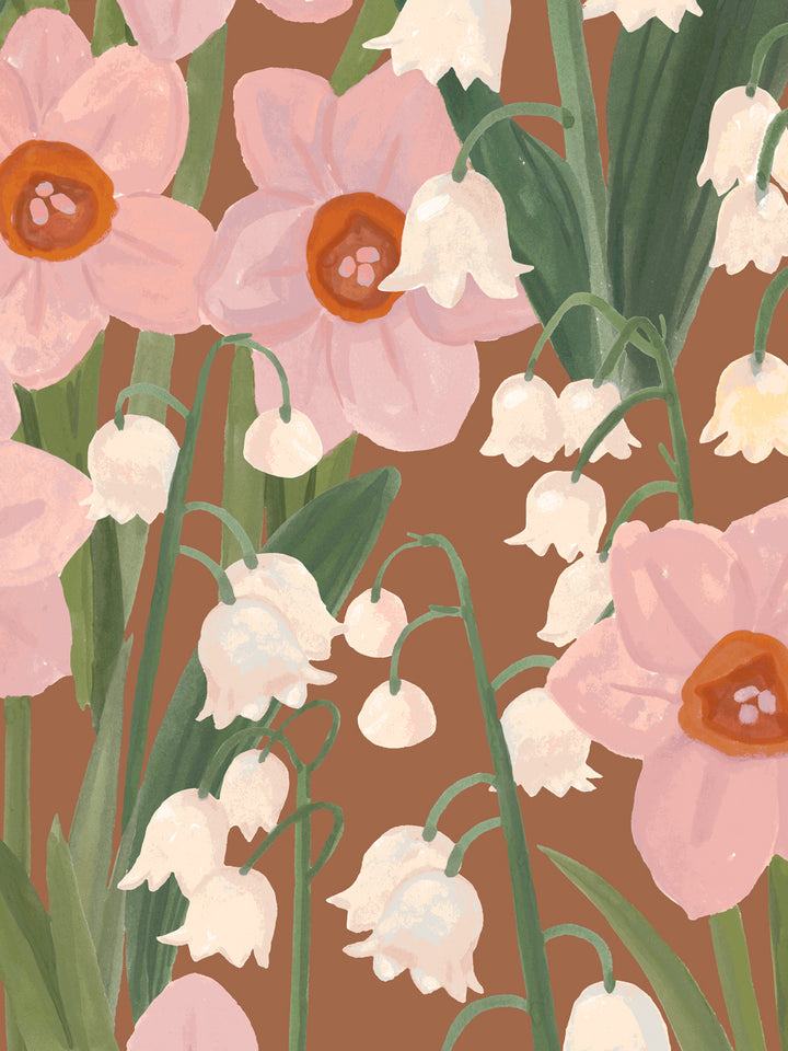 'Daffodil Field' Wallpaper in Caramel Rose - Detail Close-Up