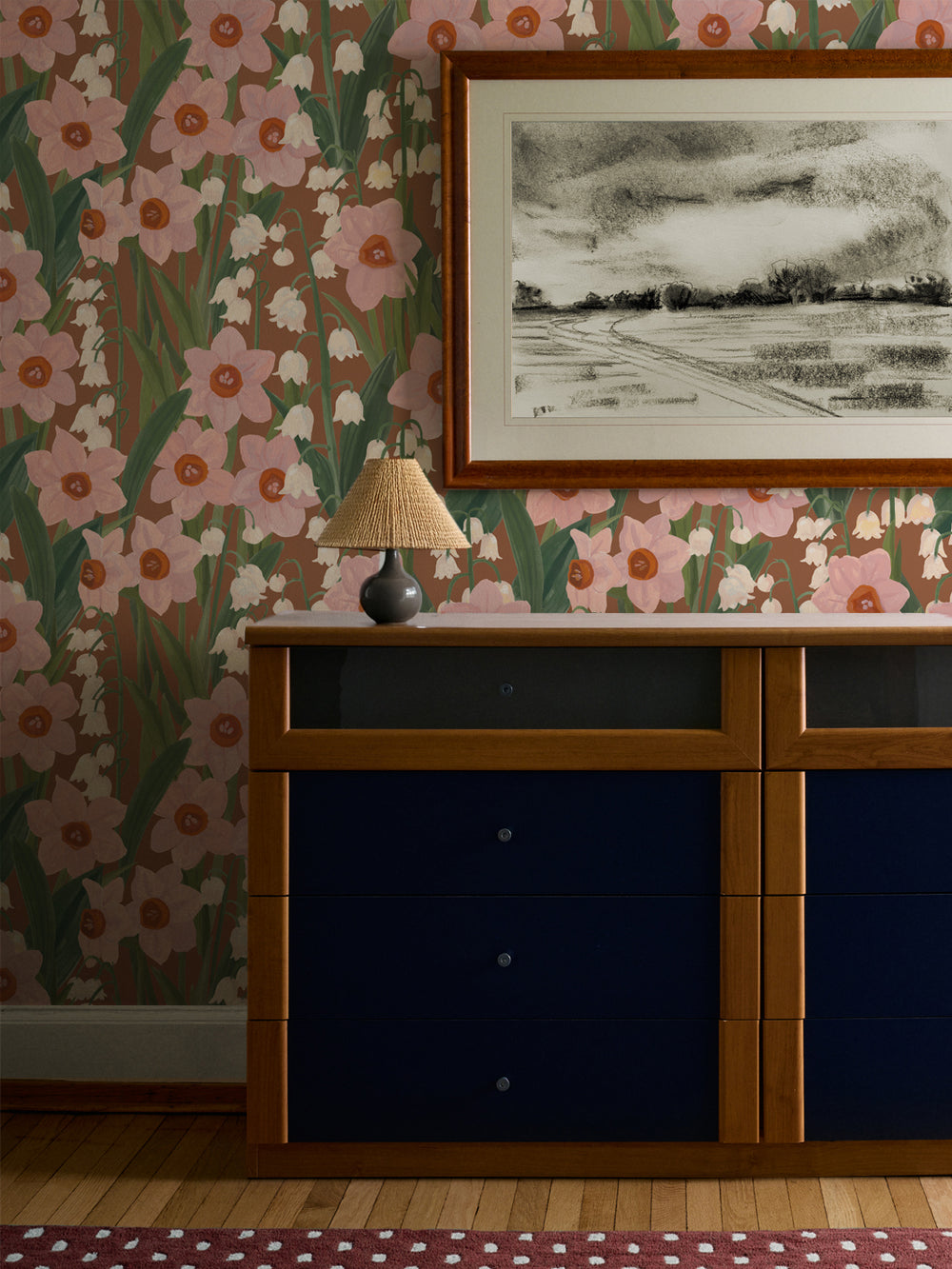 'Daffodil Field' Wallpaper in Caramel Rose - Room Scene