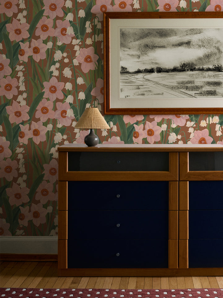 'Daffodil Field' Wallpaper in Caramel Rose - Room Scene