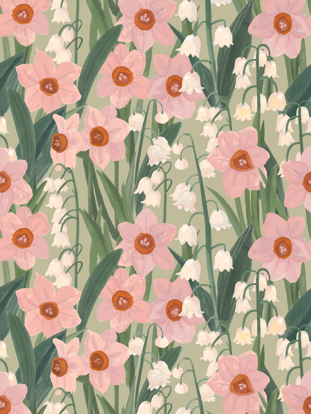 'Daffodil Field' Wallpaper in Green Rose - Design Pattern