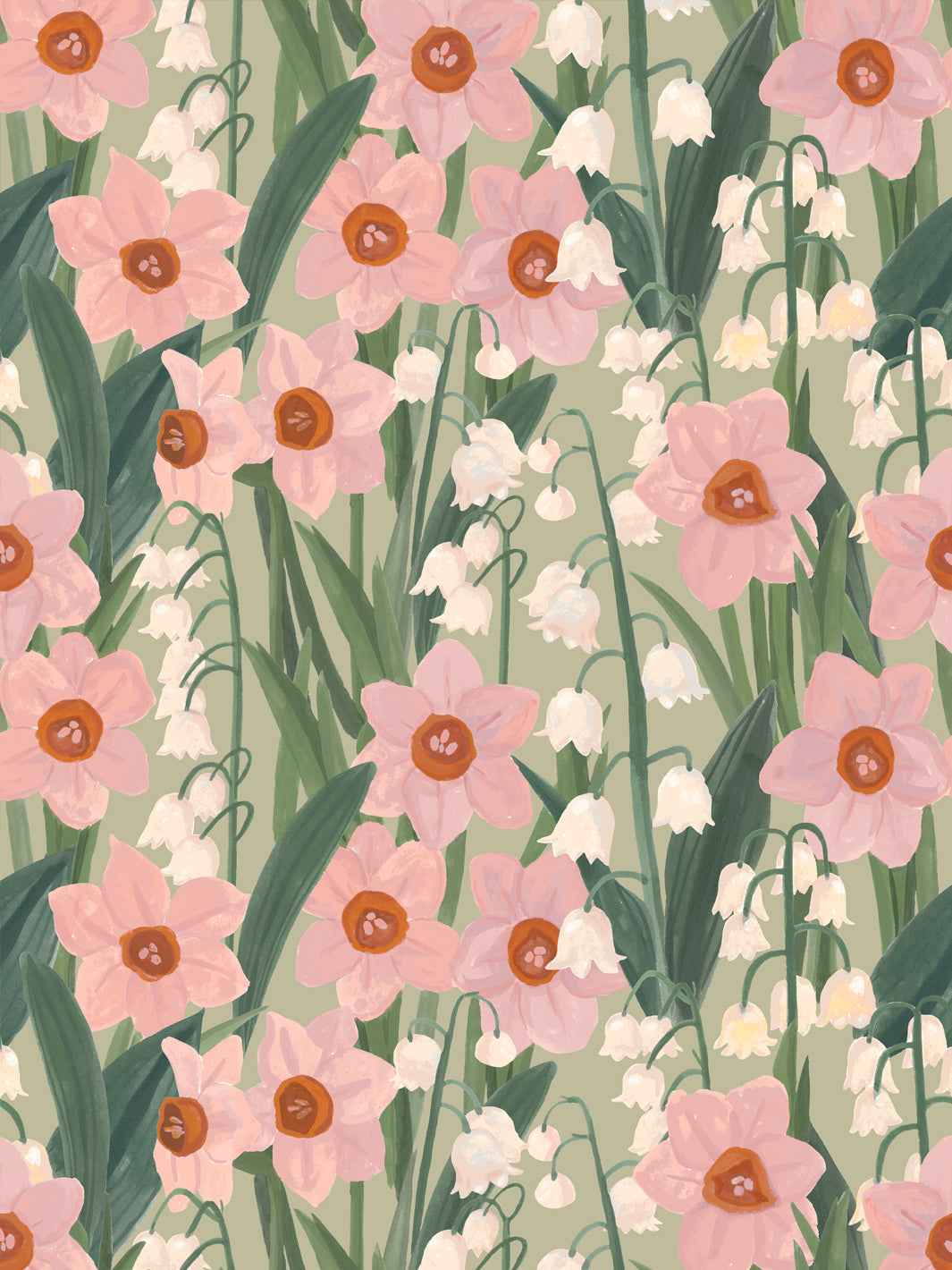 'Daffodil Field' Wallpaper in Green Rose - Design Pattern