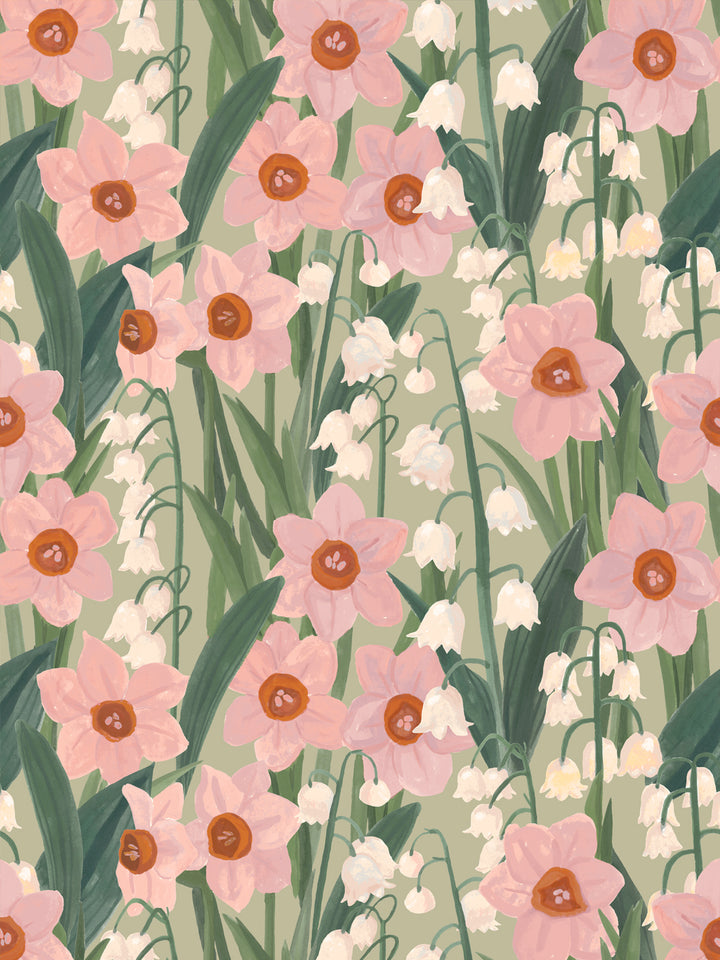 'Daffodil Field' Wallpaper in Green Rose - Design Pattern